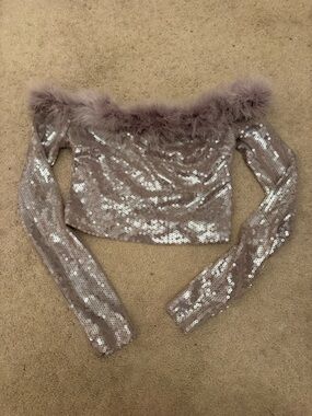 Forever 21 Mauve Strapless Sequin Crop Top with Feather Trim